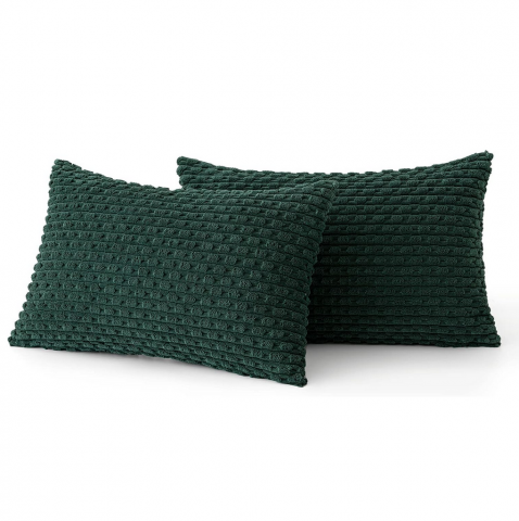 Decorațiuni Casă & Textile - Set de 2 fețe de pernă decorative, din catifea corduroy moale și cu stil rustic boem cu dungi, MIULEE, 30 x 50 cm, verde militar