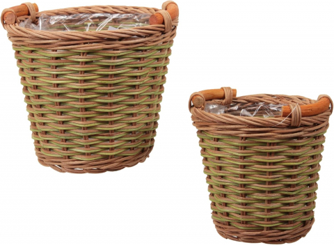 Casă, Grădină & Bricolaj - Set de 2 Ghivece MIJOMA din Ratan cu Inserție din Plastic și Mânere, 16.5 x 14 cm și 13 x 10.5 cm, Maro/Bej