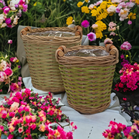 Set de 2 Ghivece MIJOMA din Ratan cu Inserție din Plastic și Mânere, 16.5 x 14 cm și 13 x 10.5 cm, Maro/Bej [4]