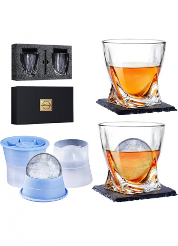 Casă, Grădină & Bricolaj - Set de 2 pahare pentru whisky, 2 forme penstru gheata si 2 suporturi, Lighten Life, sticla/plastic, transparent/albastru, 286 ml