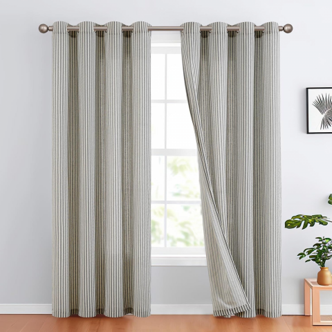 Casă, Grădină & Bricolaj - Set de 2 perdele din in TOPICK, cu dungi și inele, gri/bej, 140 x 145 cm