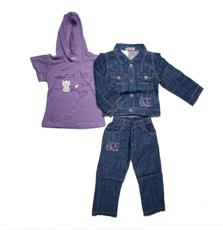 Îmbrăcăminte & Încălțăminte - Set de 3 piese de imbracaminte pentru fetita, format din pantaloni, bluza cu gluga, jacheta din denim cu maneci lungi, din bumbac, cu buzunare, model pisicuta, violet, pentru 24-30 luni