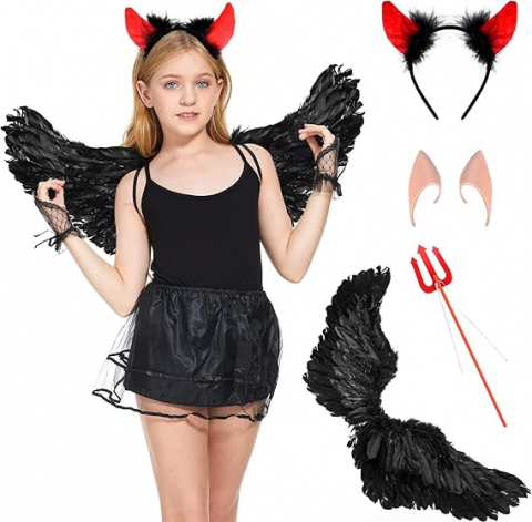 Costume Halloween - Set de 4 Piese cu Aripi de Înger, Cornițe de Diavol, Trident și Urechi de Elf, Negru, pentru Carnaval, Halloween, Herefun pentru Copii, HLBP