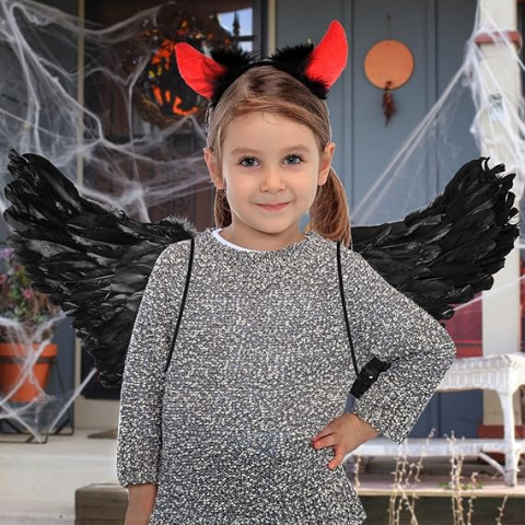 Set de 4 Piese cu Aripi de Înger, Cornițe de Diavol, Trident și Urechi de Elf, Negru, pentru Carnaval, Halloween, Herefun pentru Copii, HLBP [5]