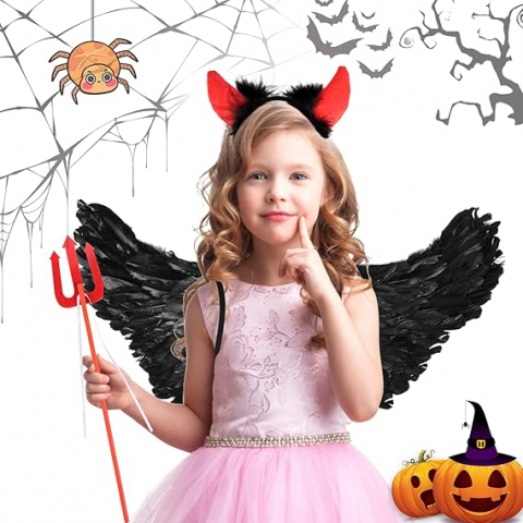 Set de 4 Piese cu Aripi de Înger, Cornițe de Diavol, Trident și Urechi de Elf, Negru, pentru Carnaval, Halloween, Herefun pentru Copii, HLBP [3]