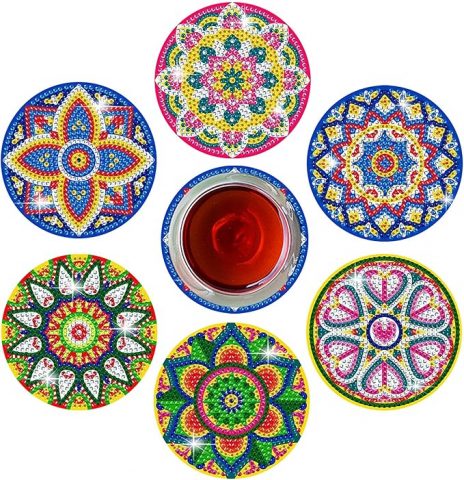 Casă, Grădină & Bricolaj - Set de 6 Suporturi pentru Pahare cu Pictură Diamant, Model Mandala, Kit DIY pentru Începători, Adulți și Copii, R1BB