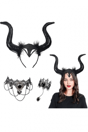 Costume Halloween - Set de costum de vrăjitoare cu coarne de diavol, colier din dantelă și brățară, OUQIWEN
