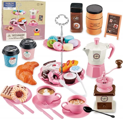 Jucării & Jocuri - Set de Joacă cu Cafetieră și Ceainic pentru Copii, 38 Piese, Joacă de Rol cu Cafea, Prăjituri și Accesorii, Cadou Creativ pentru Fetițe și Băieți 3 ani +