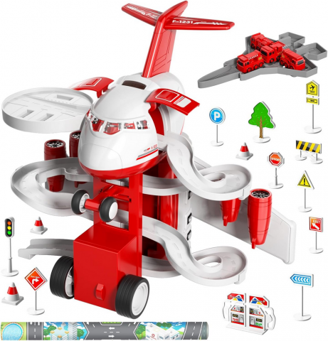 Jucării & Jocuri - Set de Joaca pentru copii, Avion multifunctional cu masini de Pompieri si Garaj, cu sunete si lumini, 3+ Ani, Ci Vetch