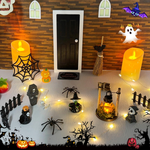 Set decor Halloween miniatura DIY cu usa, sicriu, dovleci si accesorii spooky [4]
