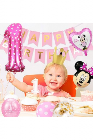 Set Decorațiuni Aniversare Tematică Minnie, Ideal pentru zi de nastere 1 an sau Baby Shower, Roz [3]