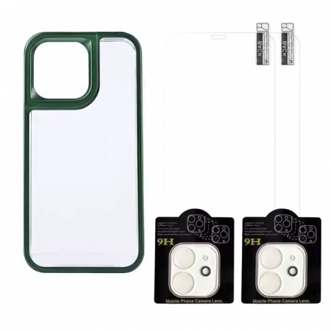 Huse & Folii Tablete - Set Husa iPhone 12 cu Bumper din Silicon Verde Inchis si Spate Transparent + 2 Folii Ecran + 2 Folii Camera