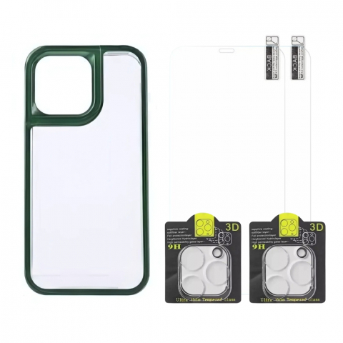 Huse telefoane - Set Husa iPhone 12 Pro cu Bumper din Silicon Verde Inchis si Spate Transparent + 2 Folii Ecran + 2 Folii Camera