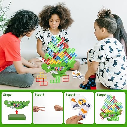 Set Joc de Echilibru 64 Piese, Tetratower Dino, Blocuri de Stivuire Colorate, Bază Dinosaur, Cărți de Joc, Pentru copii si adulti [5]