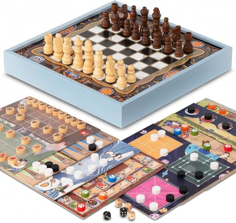 Jucării & Jocuri - Set Jocuri Lingle 16 în 1, Șah, Dame, Table, X și 0, Go, Pachinko, Vulpea și Gâștele, Șerpi și Scări și Altele, 5 Plăci cu fata dubla, Compact și Educațional