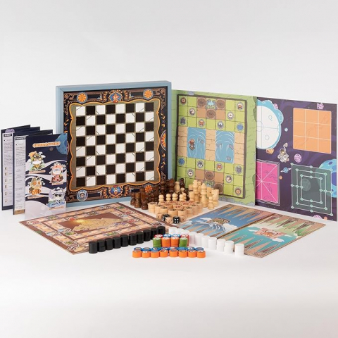 Set Jocuri Lingle 16 în 1, Șah, Dame, Table, X și 0, Go, Pachinko, Vulpea și Gâștele, Șerpi și Scări și Altele, 5 Plăci cu fata dubla, Compact și Educațional [2]