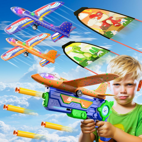 Jucării & Jocuri - Set Lansator Avioane pentru Baieti, 1 pistol lansator, 2 Avioane din Spuma cu LED, 2 Zmee, 40 Bile Moi, Ci Vetch
