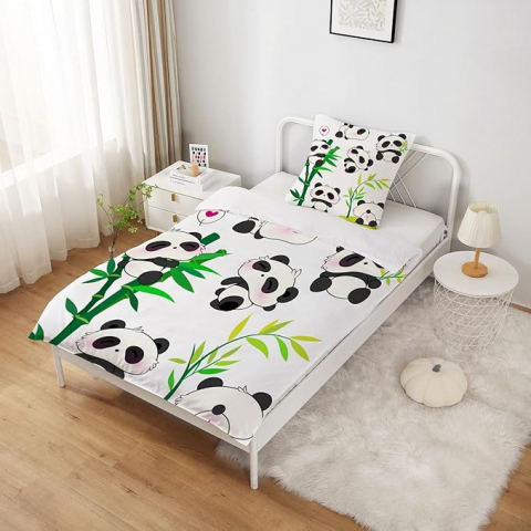 Set lenjerie copii cu panda MUSOLEI single 135x200 cm, față de pernă 50x80 cm, design 3D cu bambuși, poliester microfibră moale, cu fermoar, alb negru [4]