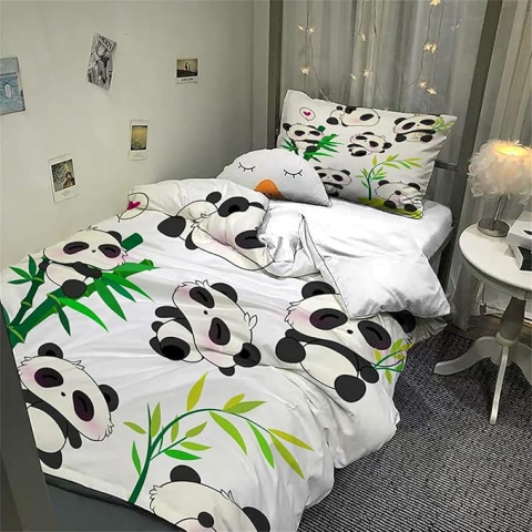 Set lenjerie copii cu panda MUSOLEI single 135x200 cm, față de pernă 50x80 cm, design 3D cu bambuși, poliester microfibră moale, cu fermoar, alb negru [2]