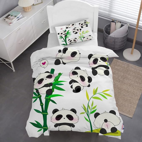 Casă, Grădină & Bricolaj - Set lenjerie copii cu panda MUSOLEI single 135x200 cm, față de pernă 50x80 cm, design 3D cu bambuși, poliester microfibră moale, cu fermoar, alb negru