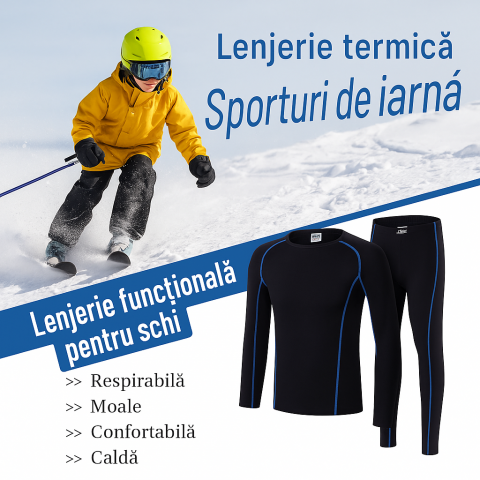 Set Lenjerie Termică pentru Copii, Respirabilă și Confortabilă, Ideală pentru Schi, Fotbal și Alte Activități Sportive, ZDQ, negru/albastru, marime 122 [3]