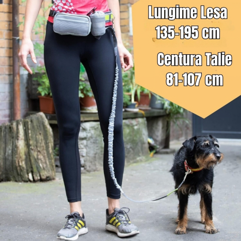Set Lesa Hands-Free pentru Alergat impreuna cu Cainele si Centura Reglabila pentru Stapan cu Borseta si Saculet, Reflectorizanta, Elastica