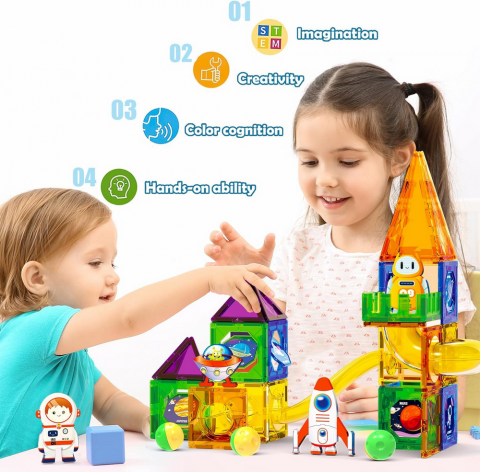 Set Magnetic de Construcție cu Tematică Spațială – 60 Piese, Doloowee,  Jucărie Educațională pentru Copii 3–8 Ani [2]