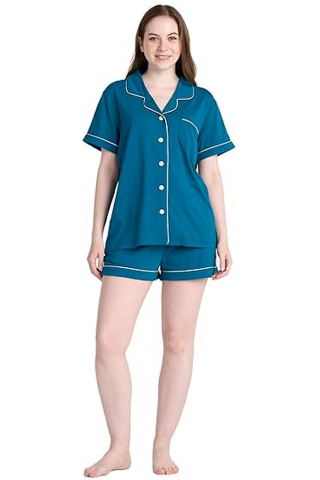 Îmbrăcăminte & Încălțăminte - Set Pijama Damă, Bluză și Pantaloni, Croială Lejeră și Confortabilă, LAPASA, L100, verde paun, marime S