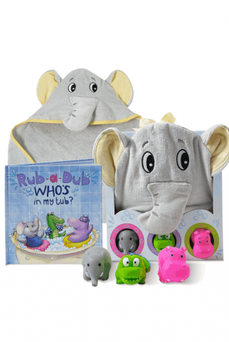 Copii & Bebe - Set Prosop de Baie din bumbac cu Gluga pentru Bebelusi 80x80 cm, model elefant, 3 jucarii si o carte de povesti in limba engleza