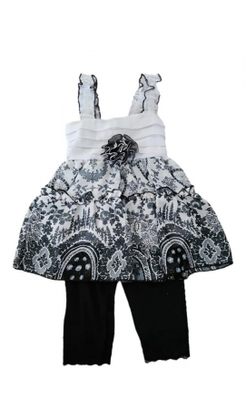 Îmbrăcăminte & Încălțăminte - Set rochita subtire de vara, colanti si brosa, alb-negru, Ares, 8 ani