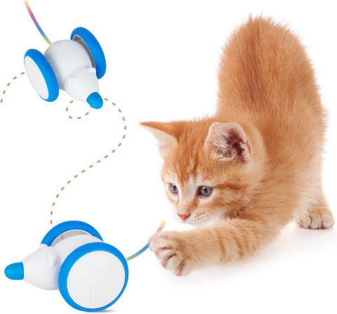 Pet shop - Soarece Interactiv cu Miscarare Automata, Incarcare USB, Coada Luminata si Sunet, baterie 300 mAh, albastru/alb