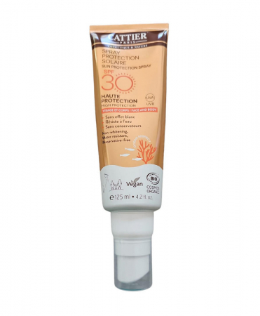 Îngrijire Personală & Cosmetice - Spray de protectie solara organic, pentru fata si pe corp, rezistent la apa, fara efect alb, Cattier, SPF 30, 125 ml