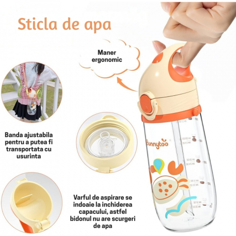 Sticla de Apa pentru Copii, cu Pai, Gradatie, Etansare, cu Maner ergonomic si Banda reglabila, Fara scurgeri, Fara BPA, Portocaliu, 550 ml [4]
