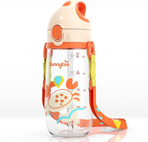 Copii & Bebe - Sticla de Apa pentru Copii, cu Pai, Gradatie, Etansare, cu Maner ergonomic si Banda reglabila, Fara scurgeri, Fara BPA, Portocaliu, 550 ml