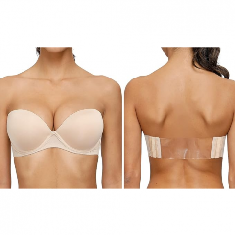 Lenjerii și Pijamale Femei - Sutien Push-Up Fara Bretele si Spate, cu Cupe Intarite si Bretele Transparent/Invizibile,YANDW, Nude, marime 75C
