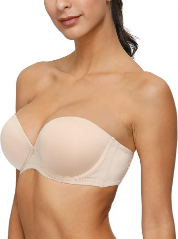 Sutien Push-Up Fara Bretele si Spate, cu Cupe Intarite si Bretele Transparent/Invizibile,YANDW, Nude, marime 75C [2]