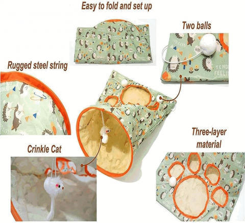 Tunel interactiv pentru pisici, jucarie cu bila de plus si soricel, material rezistent [3]
