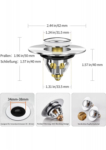 Ventil Universal pentru Chiuvetă, Dop Pop-Up din Inox cu Sită Anti-Înfundare, Compatibil 34–38 mm, Instalare Rapidă, 2-în-1 Filtru și Dop [1]