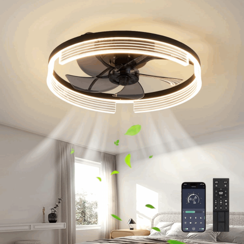 Ventilator de tavan inteligent alb cu LED inclus si telecomanda, LED 30W, 6 trepte de viteza, dimabila 3000-6000K, Caneoe, NEGRU, 57KL