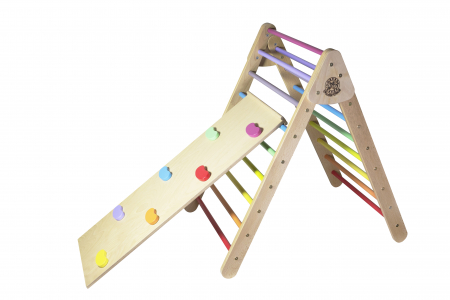 Jucarii de activitate - Triunghi pikler cu rampa de catarare din lemn, multicolor, Montessori
