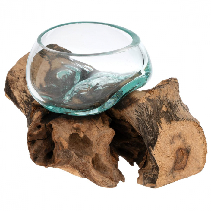 Bol din sticla pe suport din radacina de lemn - 18 x 14 x 10 cm - produs unica [4]