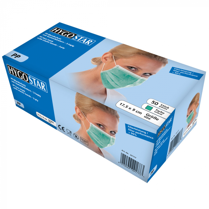Masca faciala cu elastic si clip nas - 3 pliuri PP - 17.5x9cm  verde - Tip IIR [2]