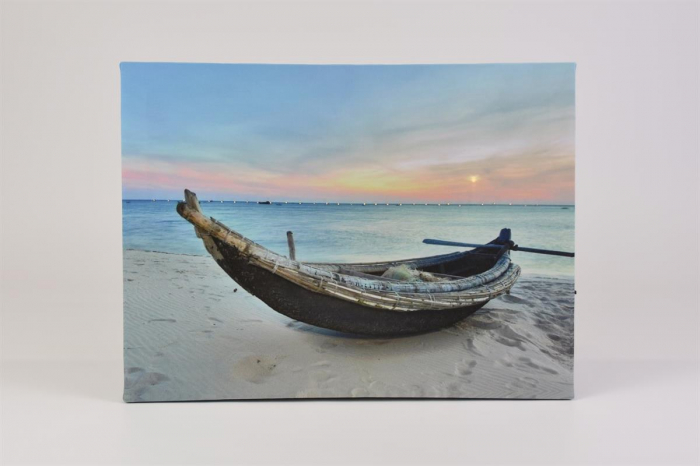 Tablou iluminat 1 LED si 30 LED fibra cu timer - 30x40 cm - print digital pe canvas - barca pe plaja [3]