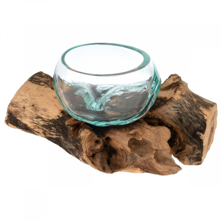 Bol din sticla pe suport din radacina de lemn - 18 x 14 x 10 cm - produs unica [1]
