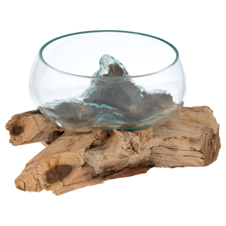 Obiecte de decor - Bol din sticla pe suport din radacina de lemn BANDUNG - 20 cm- produs unicat