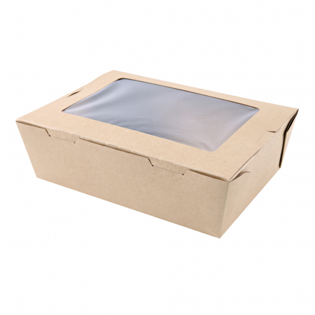 Ambalaje - Cutie catering MENU 21.5x16.2x6.4 cm cu fereastra - hartie kraft impregnata PLA - 100% degradabila