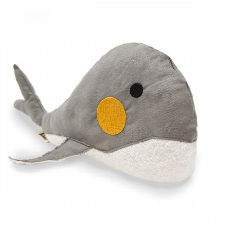 Jucarii caini - Jucarie caini WALTER din bumbac 100% BIO, umplut cu bumbac organic reciclat - figura balena - marime 34x14cm - gri/galben/alb
