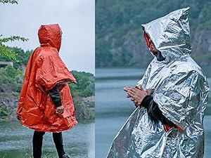 Patura hipotermie aZENGEAR tip poncho 2 fete argintiu/orange - din Mylar - impermeabila, cu gluga - rezistenta la vant, in Kit de salvare - 100x130 cm [1]
