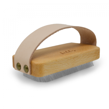 Produse ingrijire - Perie durabila pentru blana de caine IRIS - indeparteaza substratul blanii - 12x6 cm - din lem de fag, maner din piele tabacita vegetal