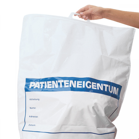 REDUCERI PRET - Plasa din polietilena reciclata - pentru haine pacient - inscriptionate - 57x50 cm